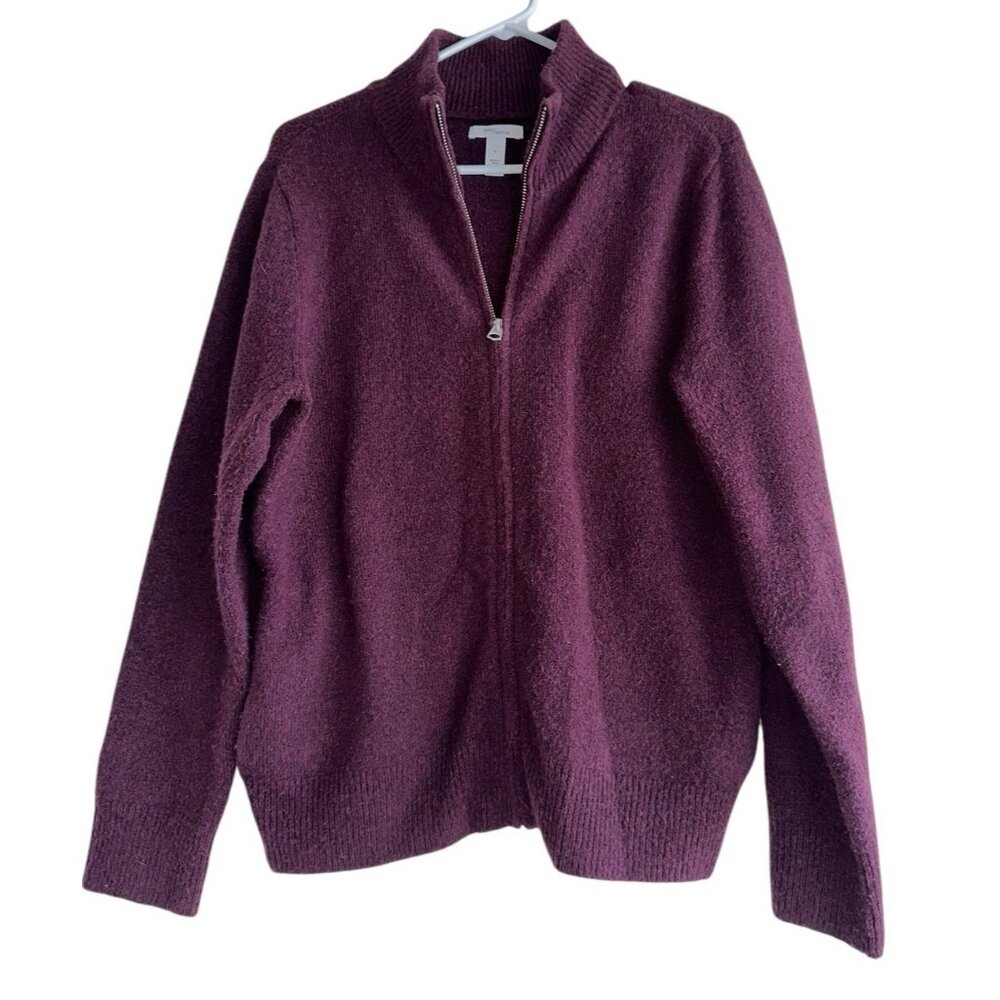 Daily Ritual Boucle Zip Wool Blend Cardigan Sz M Dark Purple Cozy Soft